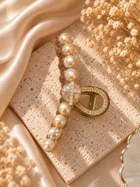 Romantic Pearlcore Champagne Pearl Claw Clip Rhinestone Cross Hair Accessory